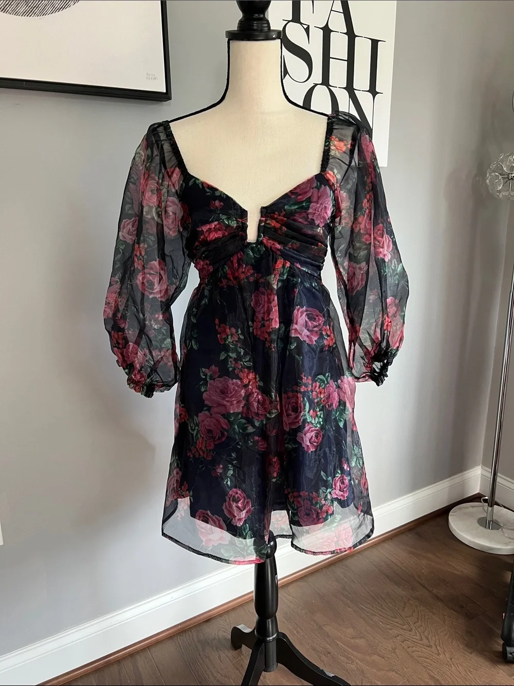 Lulus Sweetly Flirty Navy Blue Floral Organza Puff Sleeve Mini Dress - Picture 2 of 9